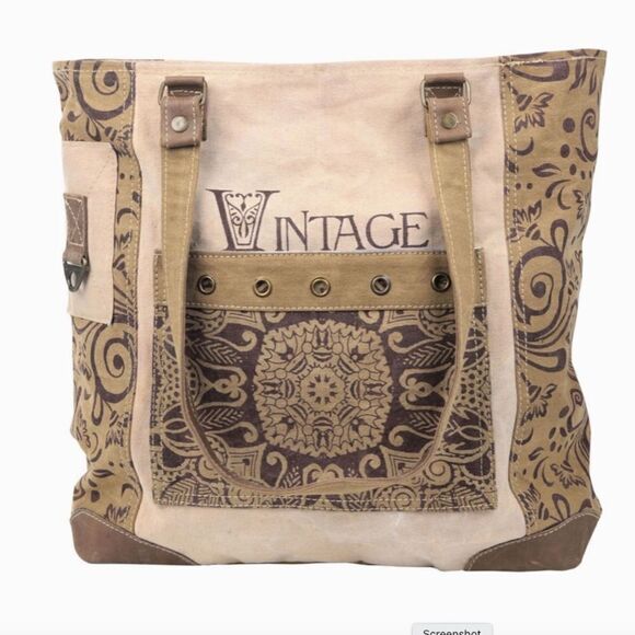 Vintage Flower Large Front Pocket Upcycled Canvas Tote Bag - Picture 1 of 4